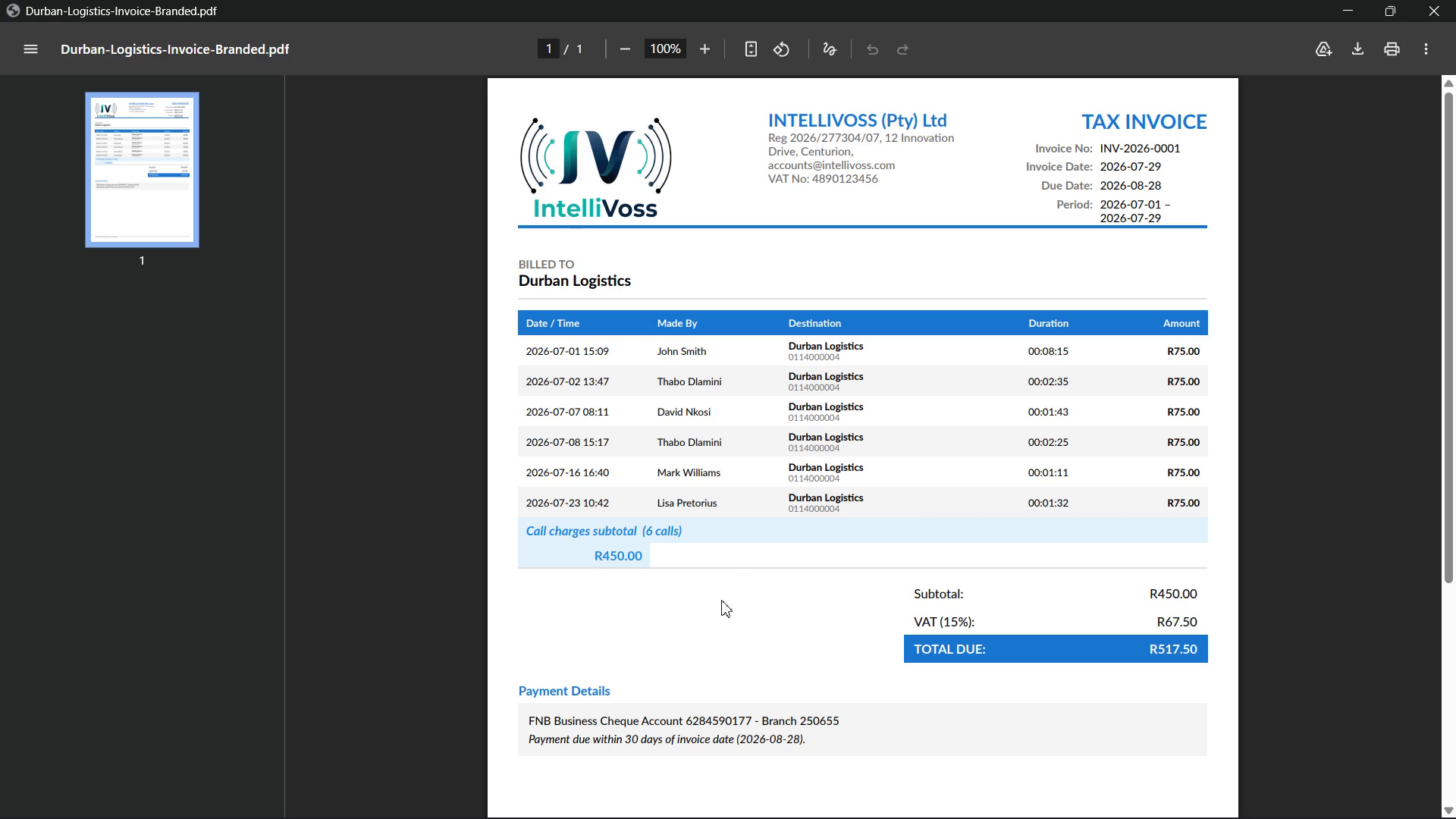 Q5000 branded tax invoice generated from a billing run, itemising calls per client with subtotal, VAT and total due under your own company letterhead
