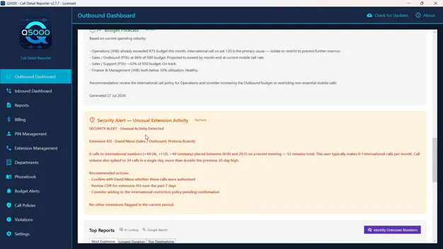 Q5000 AI security alert flagging a burst of after-hours international calls from one extension, with recommended actions
